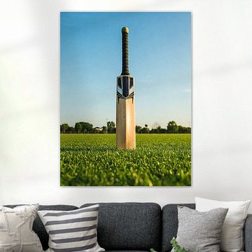 Kricketschläger auf sonnenbeschienenem Feld stehend