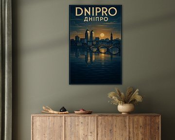 Poster de l'horizon de la ville de Dnipro - Towers &amp ; River Embankment Sunset Art