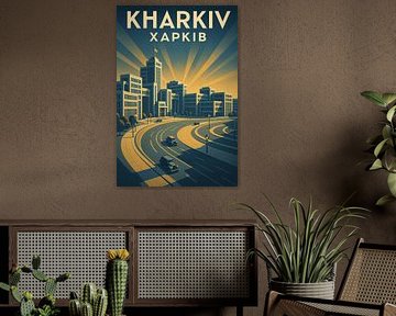 Impression d'art de la place de la Liberté de Kharkiv - Bâtiment Derzhprom &amp ; paysage urbain rétro