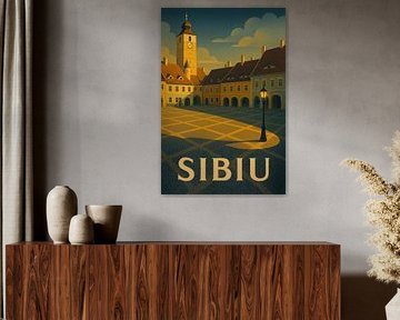 Affiche de la Grande Place de Sibiu - Transylvanian Council Tower &amp ; Roof Eyes Art