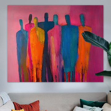 Groep Mensen in Felgekleurde Achtergrond van Kunst Kriebels