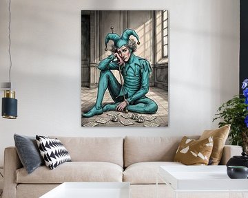 Melancholy jester experiencing writer's block with crumpled papers