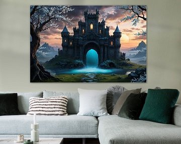 Magische Burg leuchtet bei Sonnenuntergang mit blühenden Bäumen und Fluss in Fantasy-Landschaft von Markus Gann