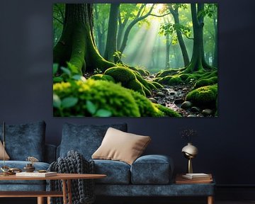 Moss-Covered Tree Roots and Stream in Sunlit Forest