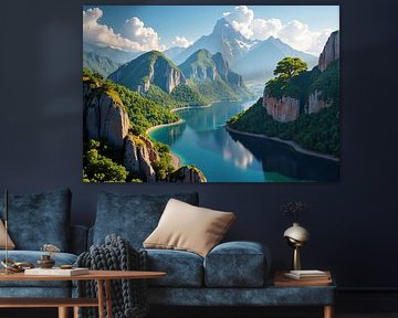 Mountain Lake and Cliffs with Single Tree