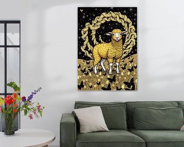 Goldene Schafe im gelben Feld - Nachthimmel & Schwarze Schmetterlinge Kunst von MIROKKU