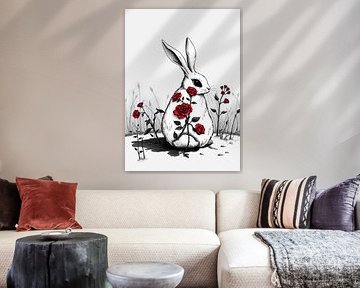Wit konijn met rode roos - Minimal Stille Kalmte van MIROKKU