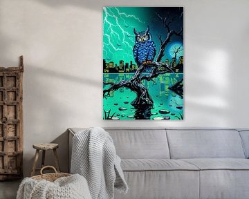 Neonblaue Eule auf dunklem Baum - Blitznacht Stadtbild von MIROKKU