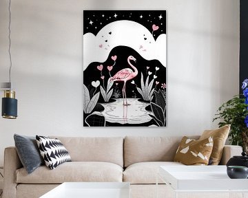 Bunter Flamingo auf schwarzem & weißer Teich - eleganter Kontrast von MIROKKU