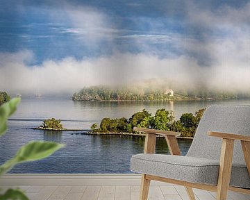 Eilanden in de archipel met mist voor de kust van Stockholm, Zweden