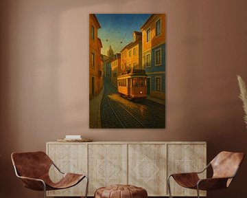 Lisbon’s Electric Glow: Corner Scene with the Iconic Tram by Travel Shop