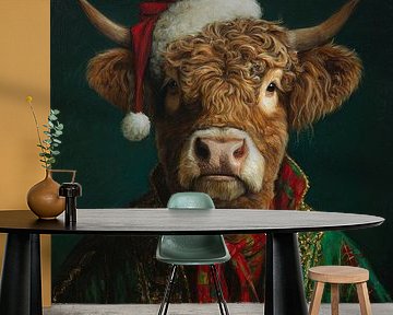 Kerstportret van een Schotse hooglander in rijke groene en rode winterkleuren