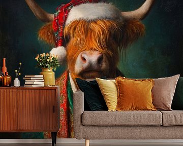 Feestelijk portret van een Schotse hooglander in rijke winterkleuren