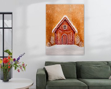 Atmospheric gingerbread house in winter snow with warm orange shades