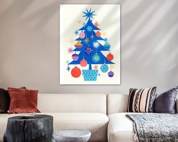 Cheerful blue Christmas tree with colourful glass ornaments in playful retro style
