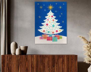White Christmas tree with cheerful pastel balls under a sparkling starry sky
