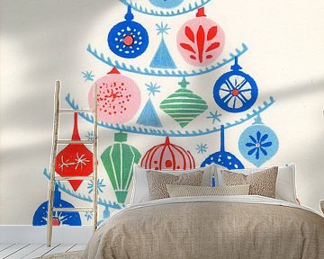 Retro kerstboom met blauwe, rode en groene ornamenten in grafische stijl