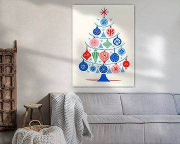 Retro Christmas tree with blue, red and green ornaments in graphic style
