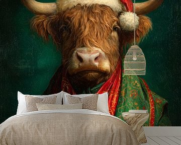 Kerstportret van een Schotse hooglander in rijk gedecoreerde rode en groene winterkleding