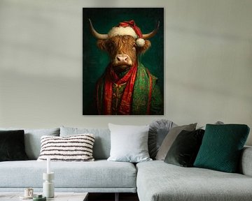 Christmas portrait of a Scottish highlander in richly decorated red and green winter clothing