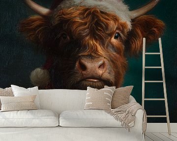 Statig kerstportret van een Schotse hooglander in groene mantel met gouden details