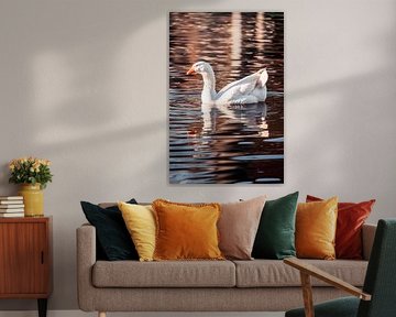 Goose in Warm Light Mirroring on Golden Water