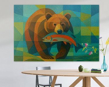Ours avec un saumon dans la bouche, illustration géométrique. sur Johannes