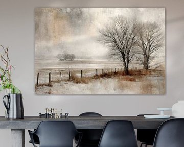 Winterse Stilte met Houten Hek - Fine Art in Aardetinten