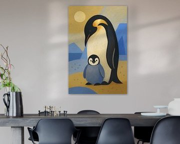 Peinture d'un manchot empereur avec un poussin. sur Johannes