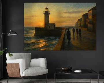 Promeneurs sur le brise-lames : Le phare à l'heure d'or