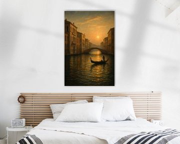 Canal vénitien au crépuscule : Gondole dans la brume dorée