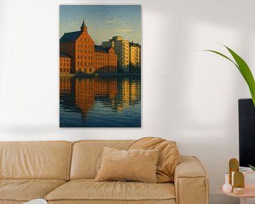 Réflexion industrielle de Stockholm : Coucher de soleil sur le canal sur Travel Shop