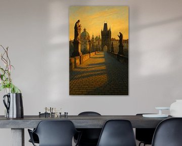 Prague Morning Glow: Empty Bridge and Golden Light by Travel Shop