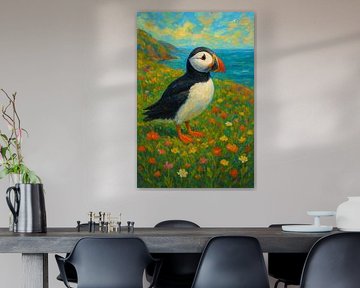 Ein buntes Gemälde eines Papageientauchers.