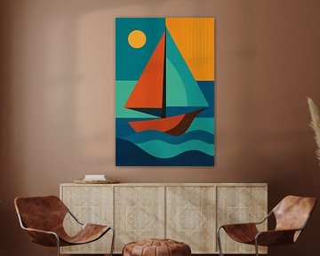 Een geometrische illustratie van zeilboot. van Johannes