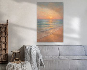 Schilderij van strand, zee en ondergaande zon. van Johannes