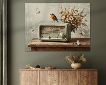Un rouge-gorge sur un transistor rétro sur Emiel de Lange