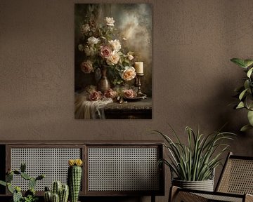 Romantisch stilleven met rozen en kaars - Klassieke wanddecoratie in warme aardetinten