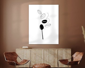 Dancing coffee beans on spoon - Line Art