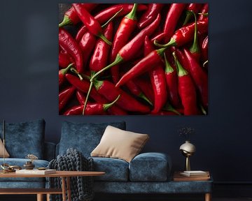 Bright red chillies in a dynamic composition