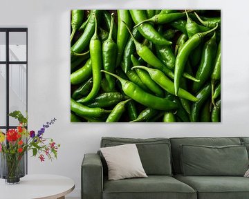 Fresh green chilli peppers in vivid close-up