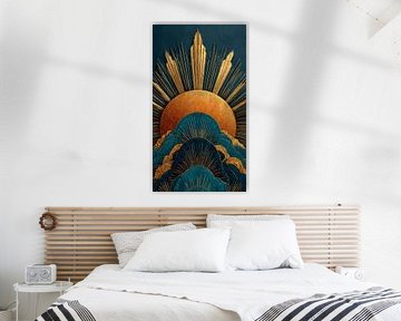 Lever de soleil doré sur des vagues sarcelles - Neo Deco Abstract Art sur MajesticArts