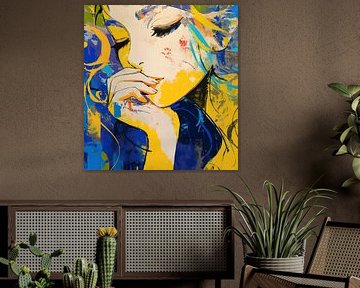 Vrouw Geel | Vrouw en Kleurrijke Achtergrond van ARTEO Schilderijen