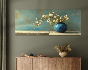 Vase bleu et fleurs blanches