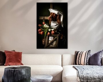 Hundeporträt Der Heilige mit Tulpen - Vermeer-Stil mit Blumen