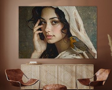 Frau mit ihrem Freund Rotkehlchen