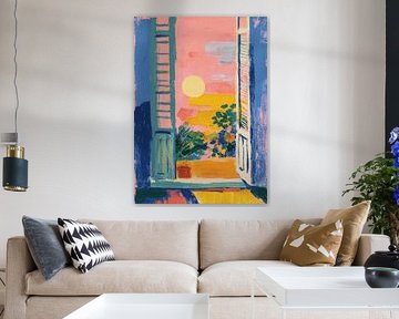 Open raam bij zonsondergang