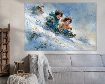Toboggan à neige - Aquarelle ludique d'enfants sur un traîneau dans un style rétro