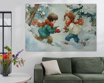 S'amuser dans les bois - Illustration vintage d'enfants dans un paysage hivernal