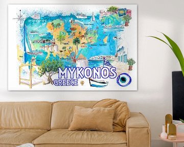 Mykonos Griekenland Cycladen Geïllustreerde eilandkaart met beroemde bezienswaardigheden van Markus Bleichner